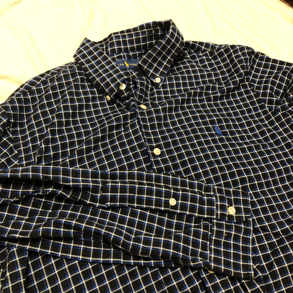 Ralph Lauren Navy Blue Plaid Shirt Blue Embroidered Pony Classic Preppy